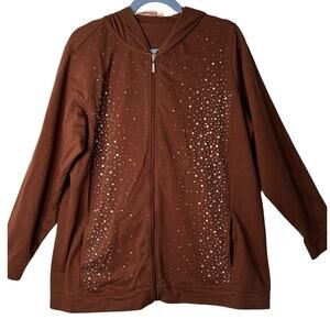 Quacker Factory Womens Top Size 1X Brown Rhinestones Zip Front Pockets Hood